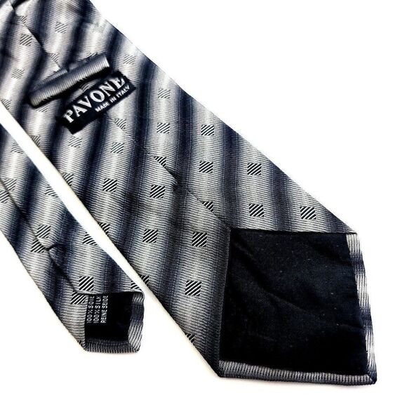 Pavone Italy Gray Silver Woven Geometric Striped Wide Silk Tie - Picture 5 of 6